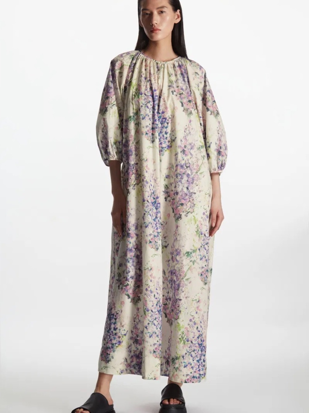 COS Floral-Print Lightweight Dress in Cream with Purple & Pink Accents